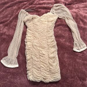 Haute Monde beige Ruched Dress with Sheer Sleeves